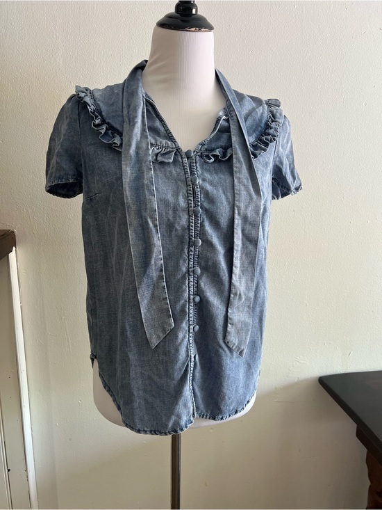 Stetson Tops - Stetson Denim Ruffle Tie-Neck Blouse - Blue
